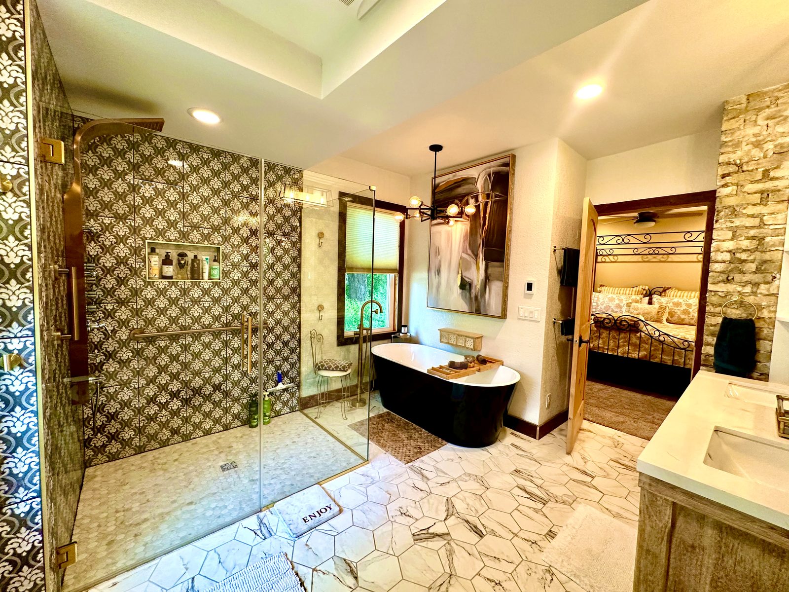 Spa bathroom showing the multi-jet shower and soaking tub