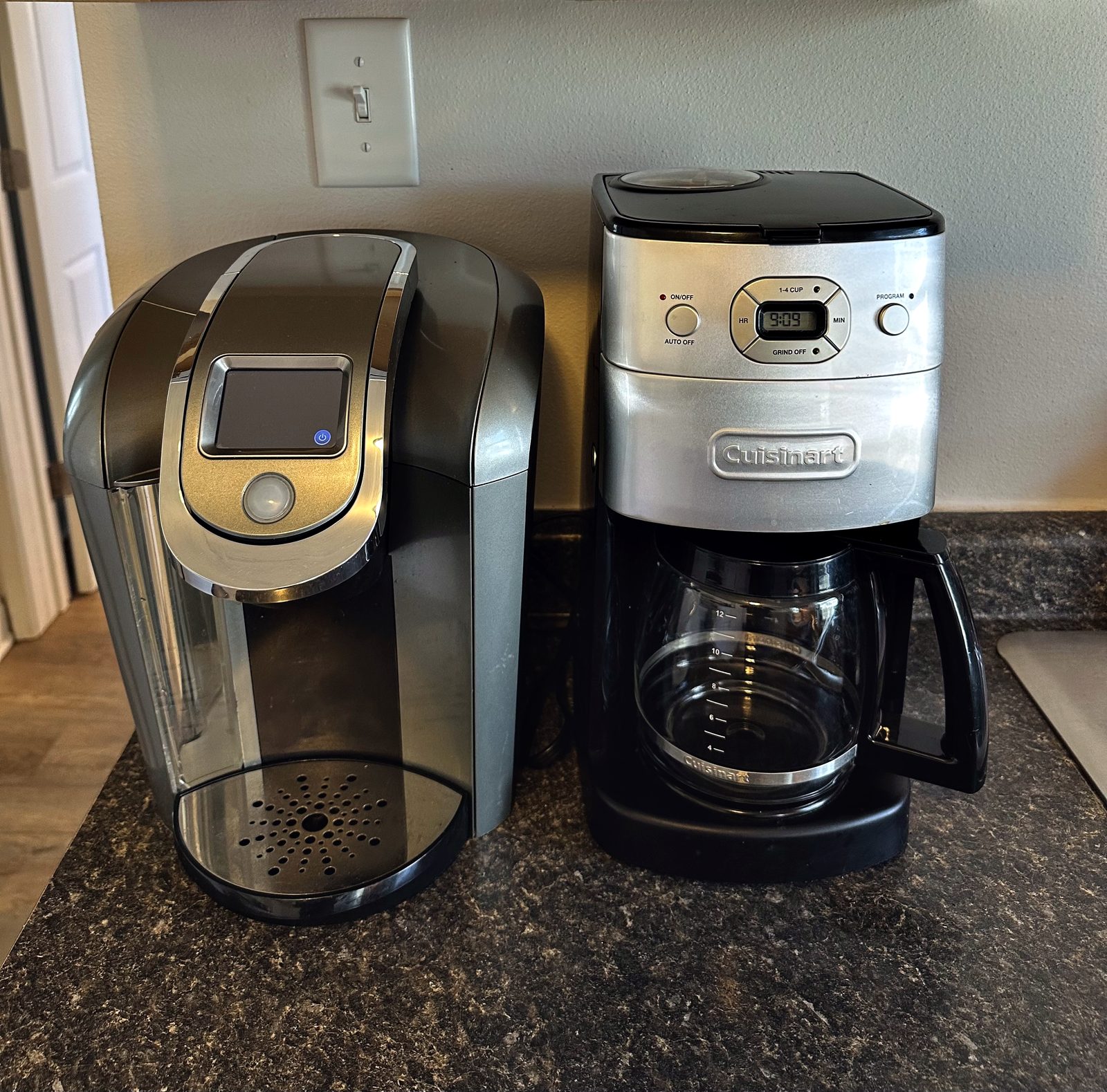 Keurig and drip coffee makers on the kitchen counter