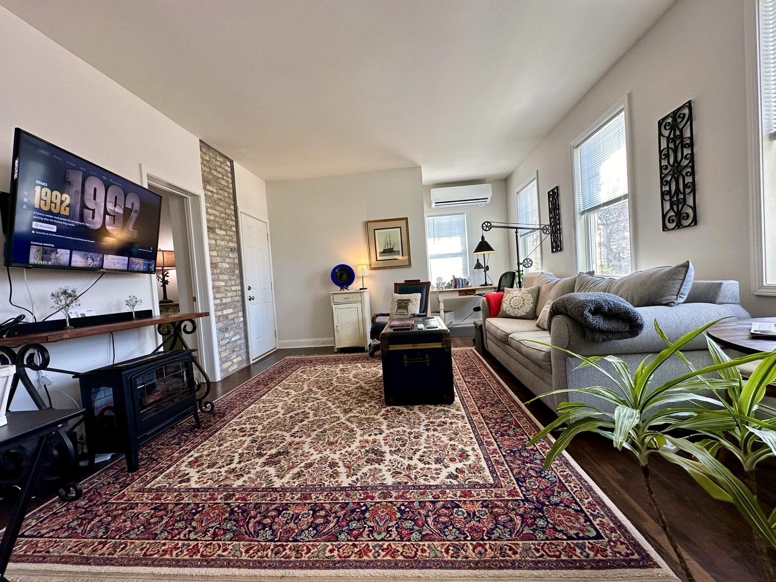 Living room with television and Persian rug