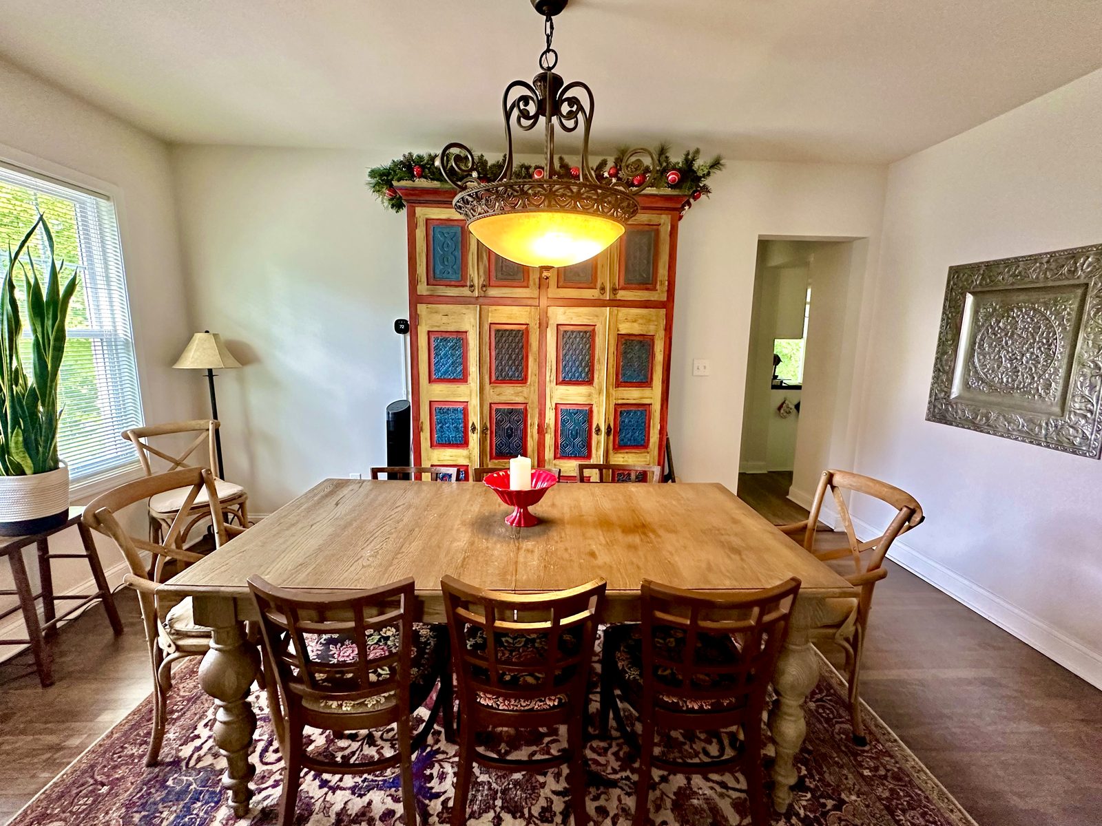 Dining room table and painted armoire