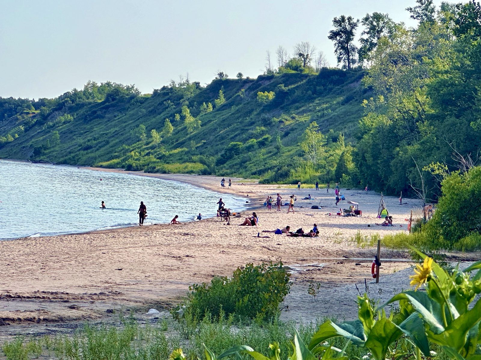 Lake Michigan beach beneath green bluffs