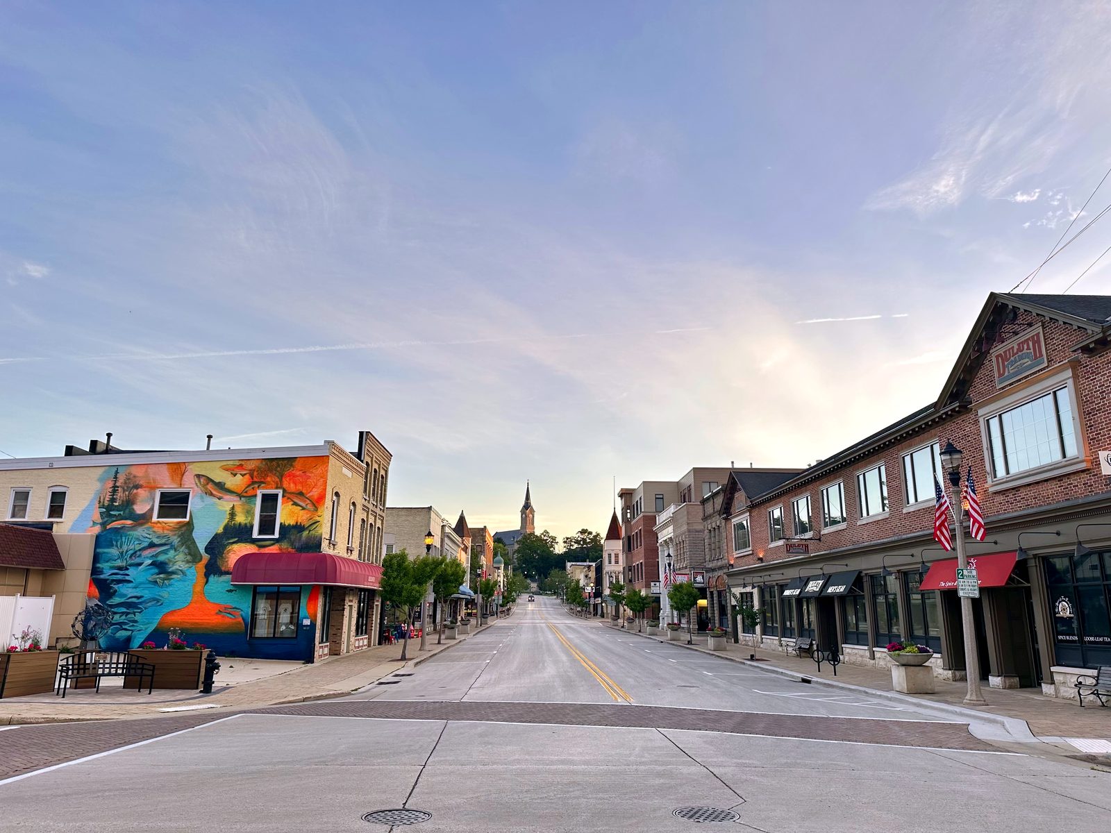 Downtown Port Washington street and mural in morning light
